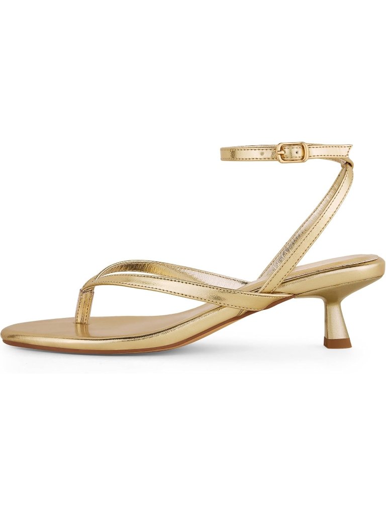 Women's Gold Round Toe Thong Ankle Strap Heeled Sandals Cute Low Kitten Casual